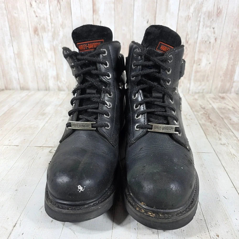 Harley Davidson Mens Black Leather Biker Boots Lace Up Ankle Strap 8.5 Wide Wide